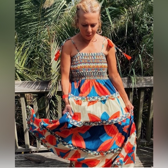 Moda Posa Dresses & Skirts - Moda Posa Colorful Cotton Maxi Dress with Tassel Details
